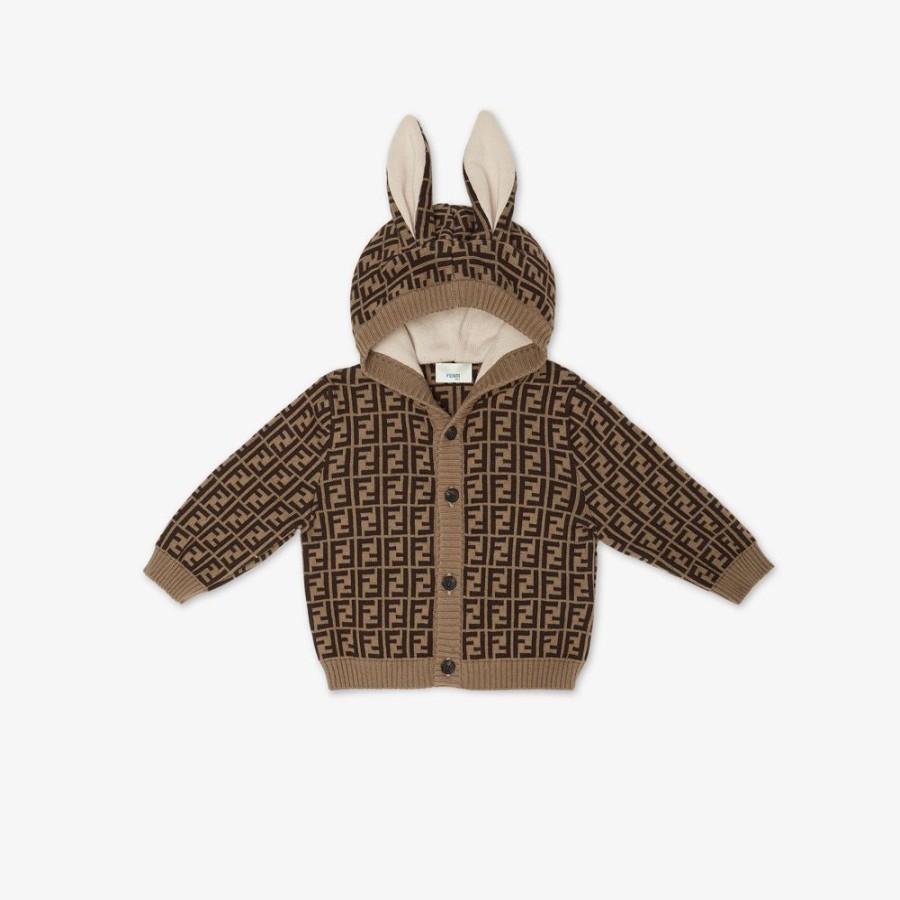 Kids Fendi Baby Junge | Baby-Cardigan Aus Baumwolle Und Kaschmir Mit Tabakfarbenen Ff-Ohren Und Logo