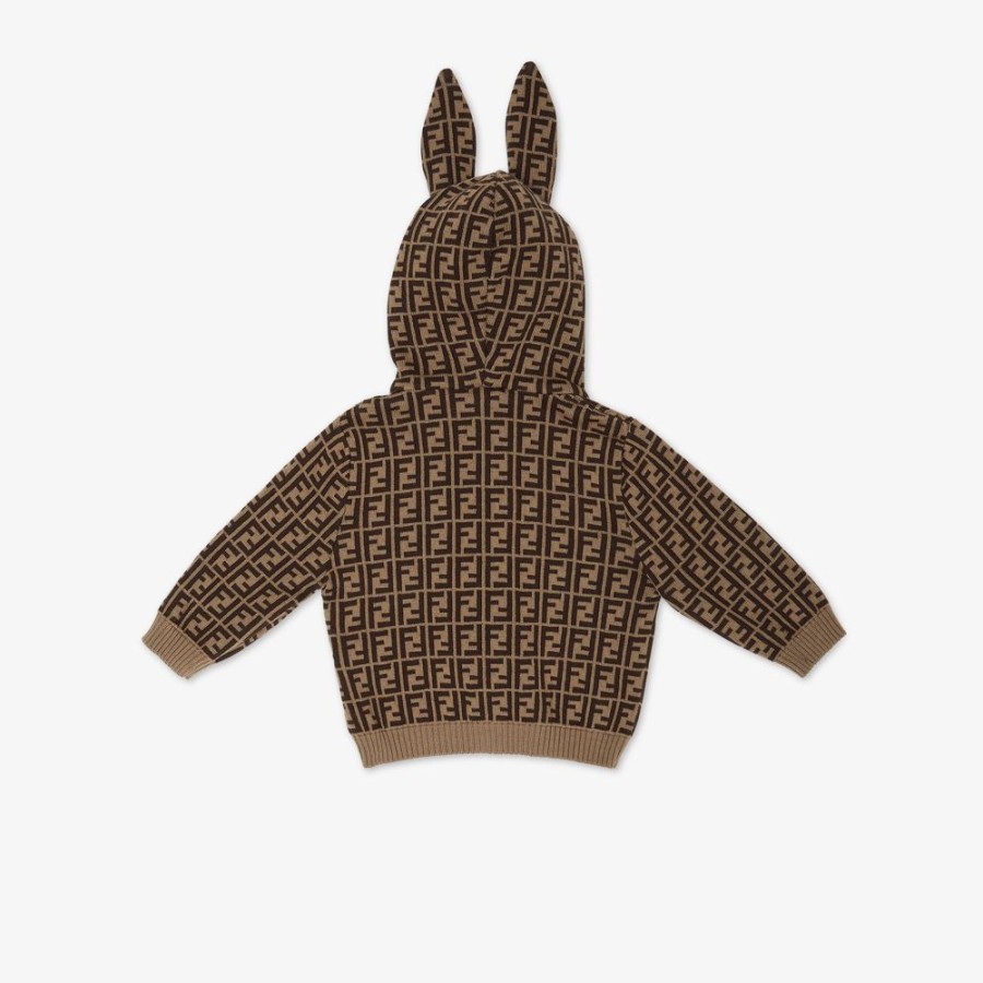 Kids Fendi Baby Junge | Baby-Cardigan Aus Baumwolle Und Kaschmir Mit Tabakfarbenen Ff-Ohren Und Logo